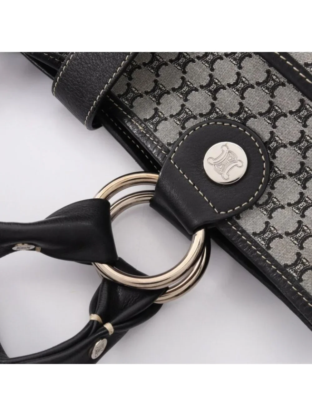 Celine Tote Macadam Gray Black Canvas Leather Paris
